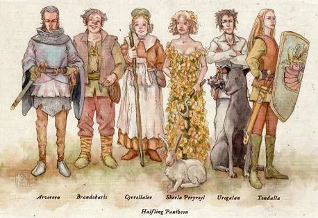 An illustration of the halfling pantheon in the Forgotten Realms