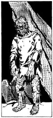 A black and white illustration of Yurtrus, a horrifying orc with bloodied and smashed features and no mouth, wearing only a simple tunic