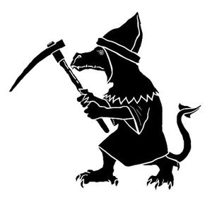 A black silhouette illustration of a kobold in a maille coif holding a pickaxe