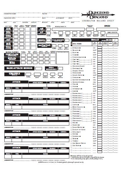 Image Description: an image of 3e character sheet, with the long list of skills on the right of the page.