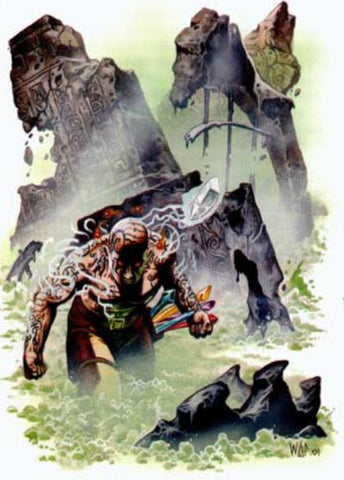 An illustration from the DnD Epic Level Handbook, showing a man with white hair and no shirt trudging through a mountain pass filled with green mist