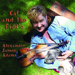 The album cover for alexander james adams' album "Cat and the Fiddle". The man, wearing a blue tunic and holding a fiddle, appears to be lying on the grass