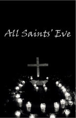 A photo of the cover of All Saints Eve, a horror LARP. It features the title of the LARP, below which is a glowing memorial with a cross surrounded by candles in black and white