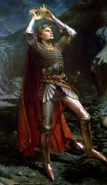 An oil painting of a young King Arthur lowering a crown onto his own head against a battlefield background. He is a young, thin, blond man wearing chain mail and a red cape