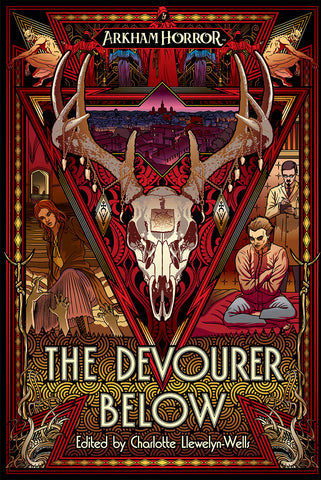 A cover for the Arhkam Horror novel The Devourer Below. It shows a large deer skull with designs painted on it in blood, and several smaller images of people praying or running around it.