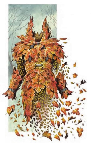 An illustration of a set of armor made of yellow, orange, and red oak leaves sewn together into a suit or armor