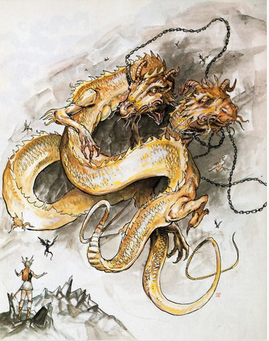 An illustration of a pair of mated Astral Dragons. They are long, golden dragons connected by a chain around their necks. A small human looks up at them where they are floating