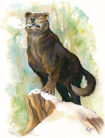 An illustration of a Bearhound. It looks like a cross between a bear and a wolf, and is prowling majestically at the edge of a cliff in a forest