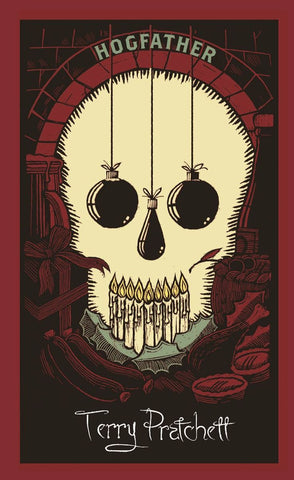 A cover of Hogfather. It shows a bunch of candles and hanging ornaments, the silhouette of which creates the illusion of a skull