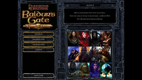 A screenshot from Baldurs Gate enhanced edition. it shows the opening screen, with selection options for starting the game, and various art that you can use for your character icon. 