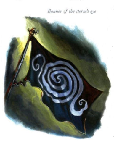 An illustration of the Banner of the Storm's Eye from the 3.5e DnD Magic Item Compendium. It appears to be a black flag, hung on a flagpole, waving against a green background. The symbol on the flag appears to be two white lines curling into a spiral