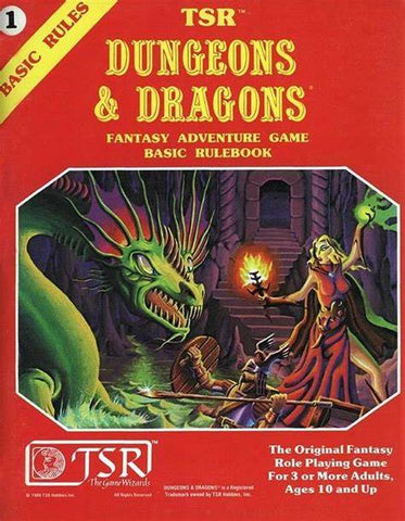 A photo o the original basic rulebook for Dungeons and Dragons. It features a red cover with yellow lettering, and a painted image of a wizard fighting a dragon with a fire spell
