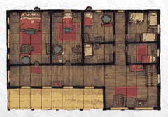 A photo of a premade battle map for tabletop rpgs. It looks like the interior of house, divided into several rooms, seen from overhead with a square grid overlaid. 