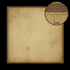 A photo of a battle mat for dungeons and dragons. It looks like a large scroll with a square grid over top of it, with a celtic border around the edges, which is enlarged enough to see detail in a circle in the corner. 