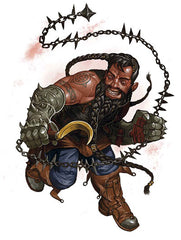 An image of the example art for a Battle Trickster. It appears to be a dark skinned dwarf wearing gauntlets and grinning at an unseen object or person, holding a sickle and a whip and wearing light armor