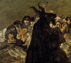 An oil painting of a devil - a goat in a black cloak, walking on two feet - surrounded by a crowd, apparently speaking to him