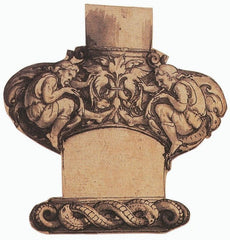 A photo of a bollocks dagger handle. It's wooden, with carved cherubs on each bulb of the guard