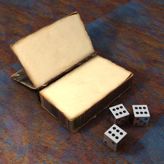 A digital image of a blank notebook on a wooden table. Next to the notebook is 3 six sided dice, with the 6 result revealed on each die. 