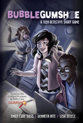 An image of the cover of the "Bubblegumshoe" game. It features a teenage girl with dark hair, wearing a purple coat holding a flashlight, while a teenage boy next to her types on a computer, and a teen girl behind her looks through window blinds with a pink gum bubble emerging from her mouth. 