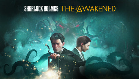 A promotional image from Sherlock Holmes: the Awakened. It shows Sherlock and Watson standing back tto back in suits. Sherlock holds a lantern, and they are surrounded by tentacles and glowing red eyes