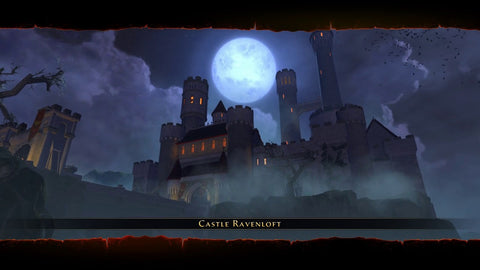 An image of Castle Ravenlof tin the Neverwinter videogame. It appears to be a large, blue stone castle set against a full moon rising out of the mists. 