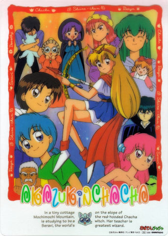 An illustration from promotional materials for Akazukin Chacha. The image shows a variety of different anime characters, each with colorful hair and clothing, mostly children. In the middle is a slightly older girl with blonde hair, wearing a blue and white dress, holding a sword.