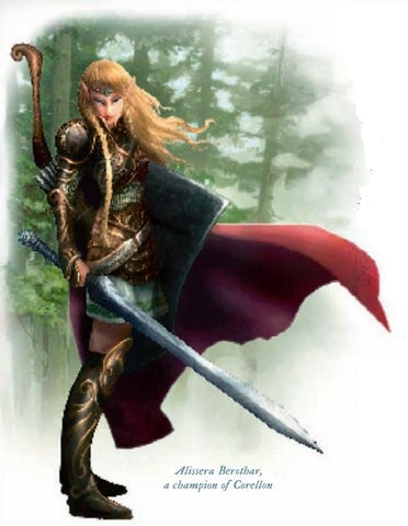 An illustration of a blonde elf with long hair and red cape, wearing metal armor and holding a sword against a wooded backdrop, glaring out at the viewer. 