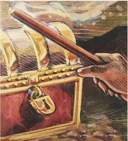 An illustration from the AD&D TSR Trading Cards for Dungeons and Dragons. It depicts a Chime of Opening - a long copper stick held by a hand in front of a red and gold chest. The chime appears to have white mist emerging from it, like magic