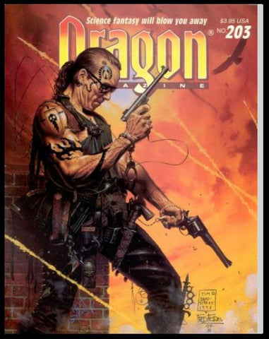 An illustration of the cover of Dragon Magazine 203, showing a man with tattos holding a gun in the midst of explosions and lazer fire