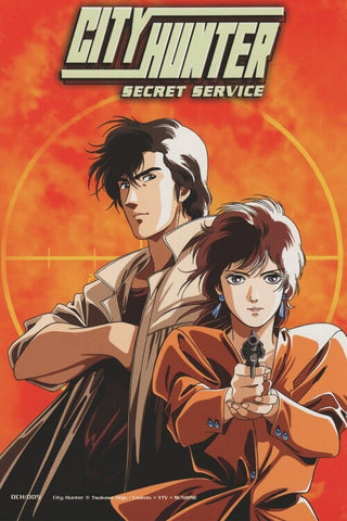 The dvd cover for City Hunter The Secret Service. It shows a woman in an orange blazer pointing a gun at the viewer. Behind her stands a man in a tan shirt with crossed arms. They are both in front of an orange crosshairs scope