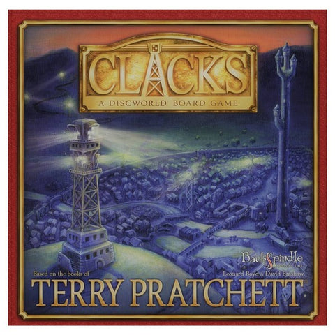 A photo of the box cover of the Clacks board game. it shows several communication towers at night, with lights coming from them