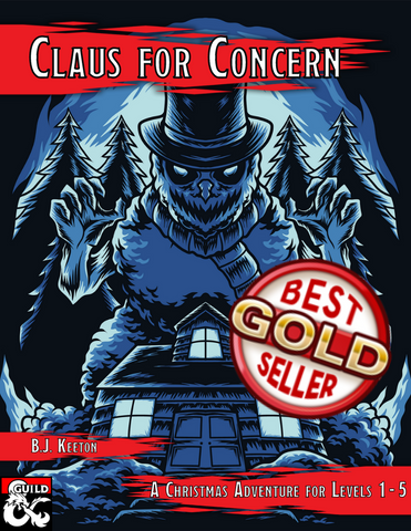 The cover page of Claus for Concern. It features a devilish looking snowman looking over a house in blue and black, and the title of the module in stylized font