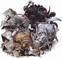 An illustration of Clockwork Horrors from DnD 3.5e. These are small, mechanical spiders with glowing red eyes. They appear to be made of metal and clockwork, and are crawling over stone and each other. 