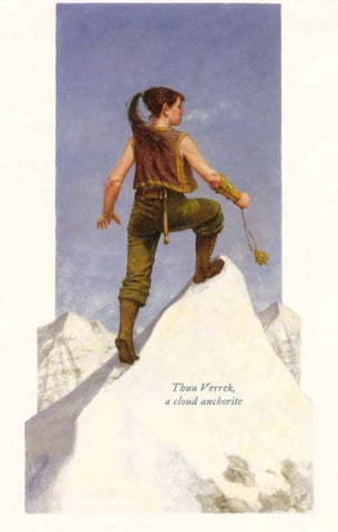 An illustration of a Cloud Anchorite, a human with dark hair and light clothing holding a sling atop of a snowy mountain peak