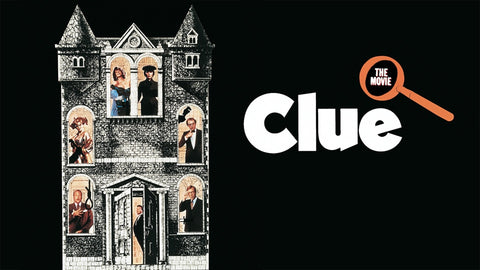 A movie banner poster from the movie Clue - it shows an illustration of a manor, with various open windows and people in those windows. Next to it is the word "Clue" in the typeface of the boardgame, with an orange magnifying glass next to it. 