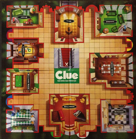 An image of a Clue boardgame board - it appears to be the house plans of a large house, with the name of the game in the middle, and smaller boxes representing different rooms surrounding it, connected by a grid
