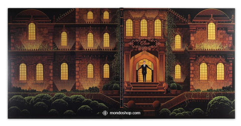 A photo of the soundtrack art for Clue the Movie. It shows the outside of a manor house, with dozens of lit up windows, and an open door with a butler standing in the entryway. A sign above the doorway reads "Clue"