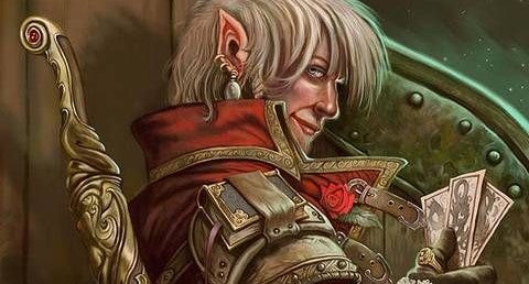 An image from the cover of the Complete Scoundrel. It appears to be a gnome or a halfling with short, fluffy white hair and and several earrings looking over his shoulder. He wears something with a  large red collar and holds several cards in his hand. 