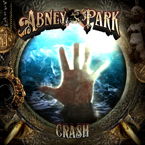 An album cover for the Abney Park album Crash, showing a hand reaching out towards a porthold, showing  a stormy sea behind it