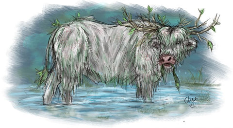 A drawing of a crodh mara - a white bull in water, with seaweed dripping off of it