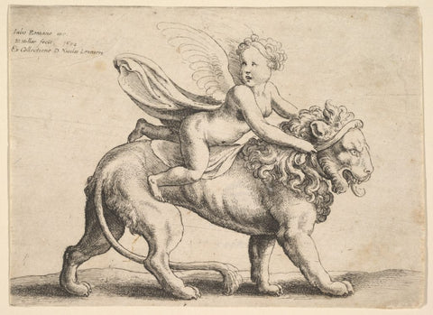 A photo of an old engraving of a cupid sitting on a lion