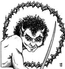 A black and white illustration of Dagon, one of the outcast devils of Avernus. He looks like a small, cheerful satyr with a mischeivous smile, horns, and a long sword. 