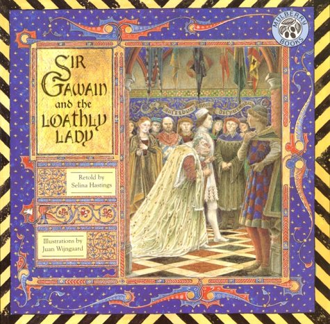A cover for Sir Gawain and the Loathly Lady. It shows a medieval style illustration of a knight marrying an old and ugly lady in a royal court, surrounded by a purple border. 