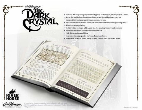 An advertisement for the Dark Crystal Adventure Game. It shows the game book, open, with a brief explanation of the game content against a grey background. The logo for River Horse Games, and the Dark Crystal franchise, are above and below the book
