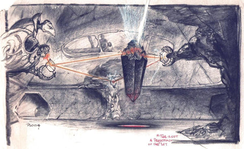 An illustration of setting concept art from The Dark Crystal. It shows a pencil sketch of a large floating crystal in some kind of chamber room