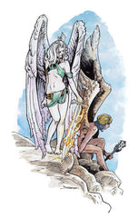 An image from a DnD supplemental book. It shows a white skinned woman with long hair in a draped bra dn skirt with large wings, apparently a deva. Sitting beside her is a mostly naked man with darker skin and a mace