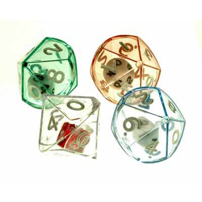 A photo of several d10 dice with smaller d10 dice within them. There are four sets, each transparent with a different color of smaller gaming dice inside