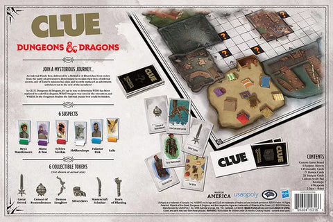An image of the back of the DnD Clue box. It shows the edge of the game board, and a description of the game