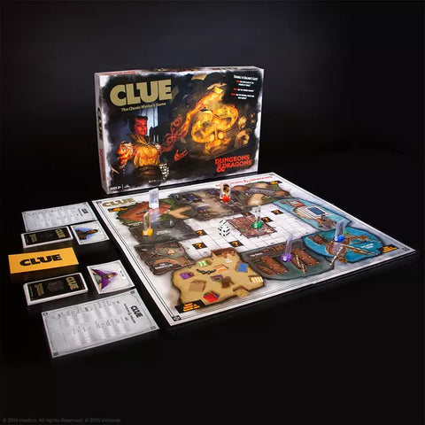 A photo of the DnD Clue box and gameboard set up for play