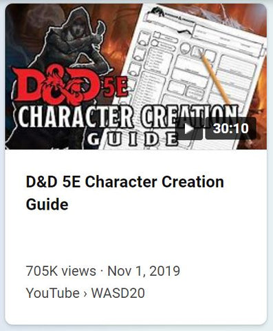 A screenshot of a youtube video titled "D&D 5e Character Creation Guide", telling the video length, uploader, and uploading date. The thumbnail includes a photo of a character sheet against a wooden table and the title in large decorative font.